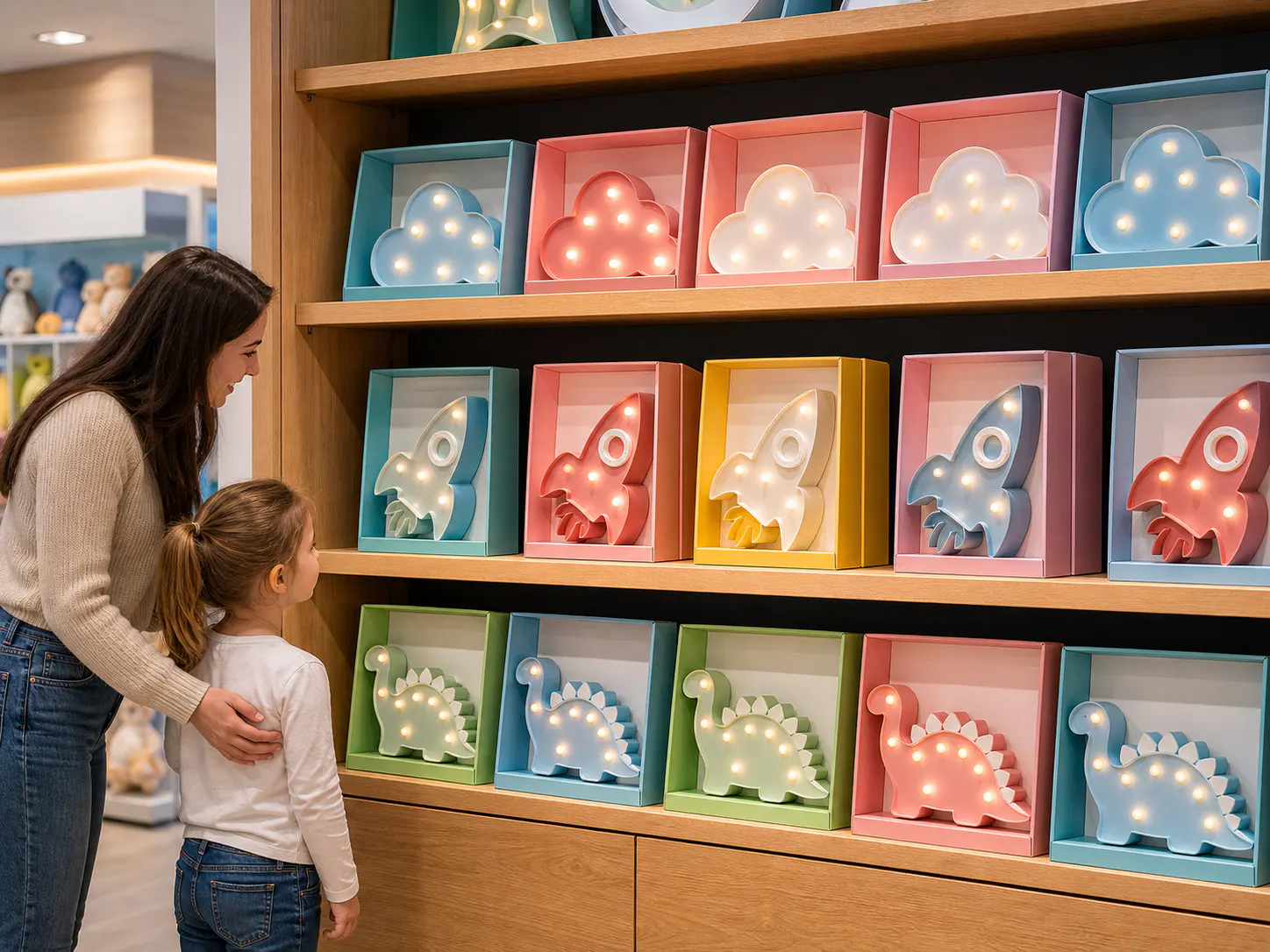 Retail display of custom shaped LED board collection