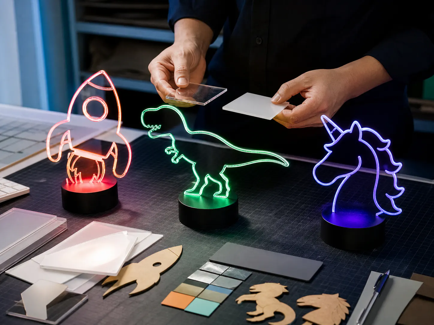 Custom shaped LED board prototypes on a design workbench