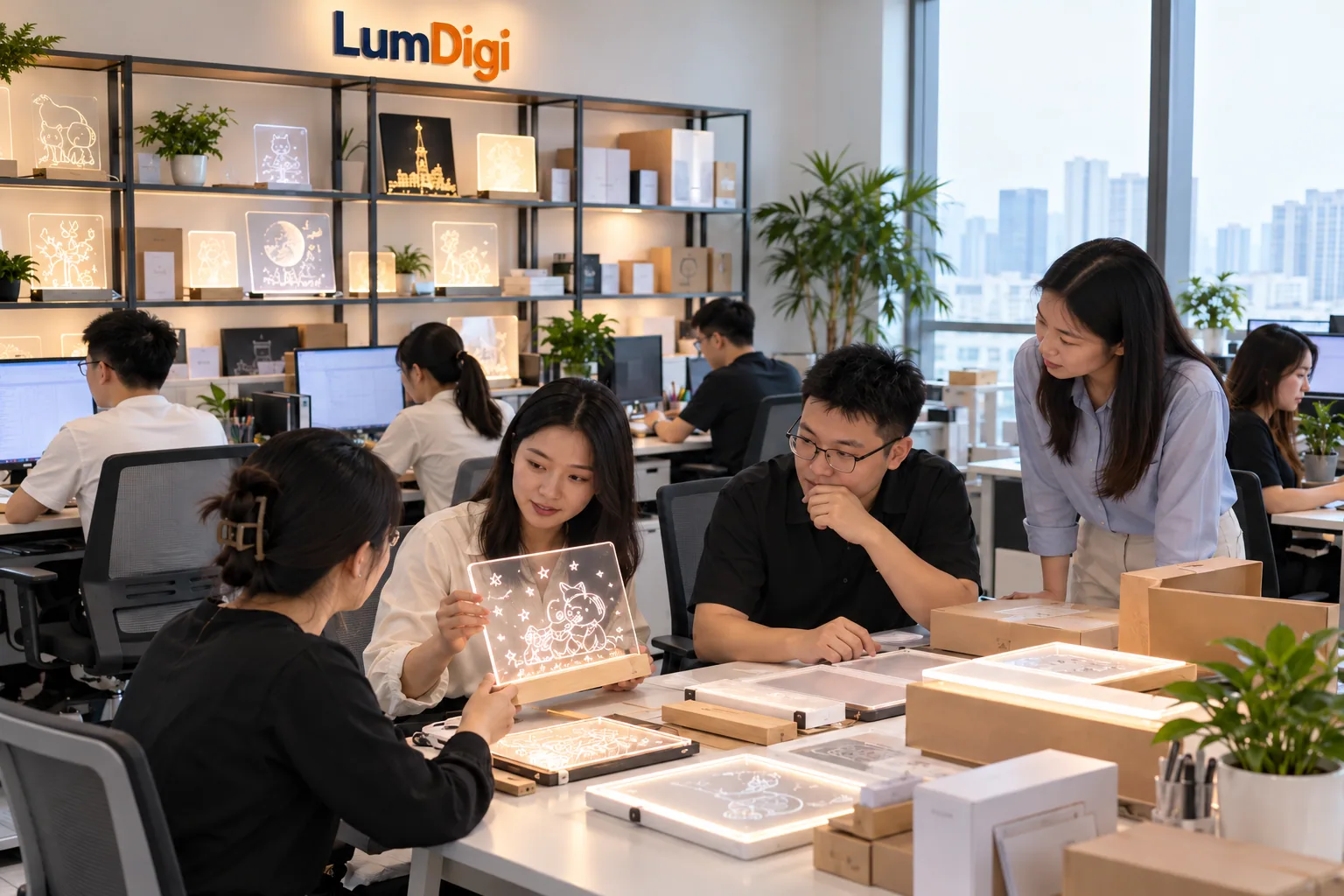Representative LumDigi office with staff working on LED drawing board projects
