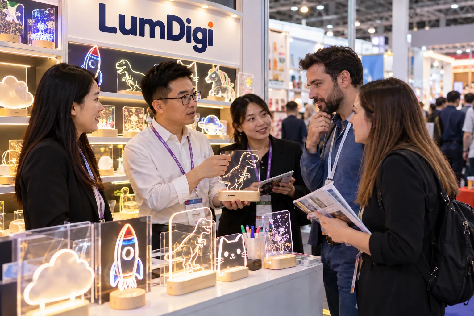 Representative LumDigi trade-show discussion with overseas buyers