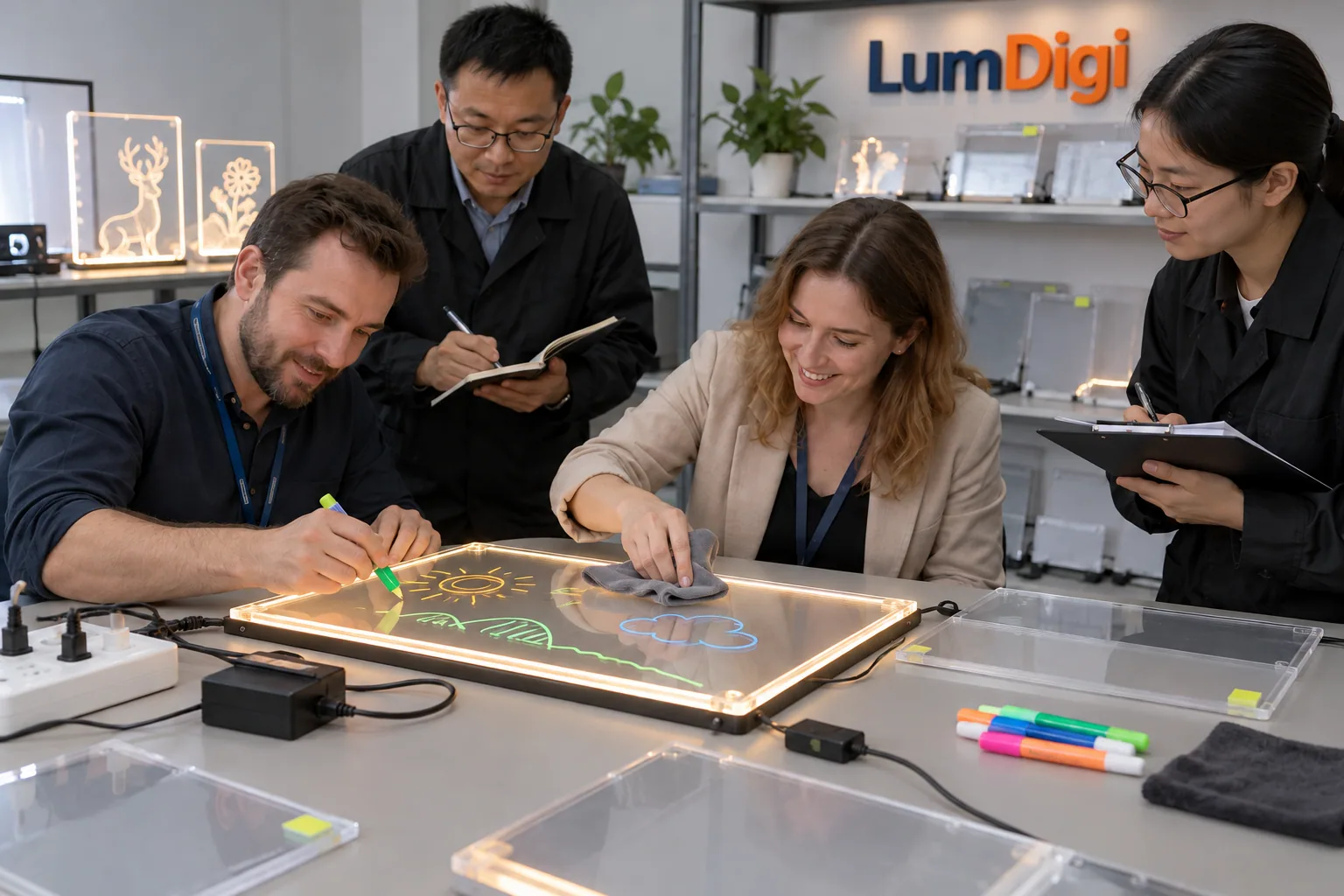 Representative buyer and LumDigi team testing an LED acrylic drawing board sample