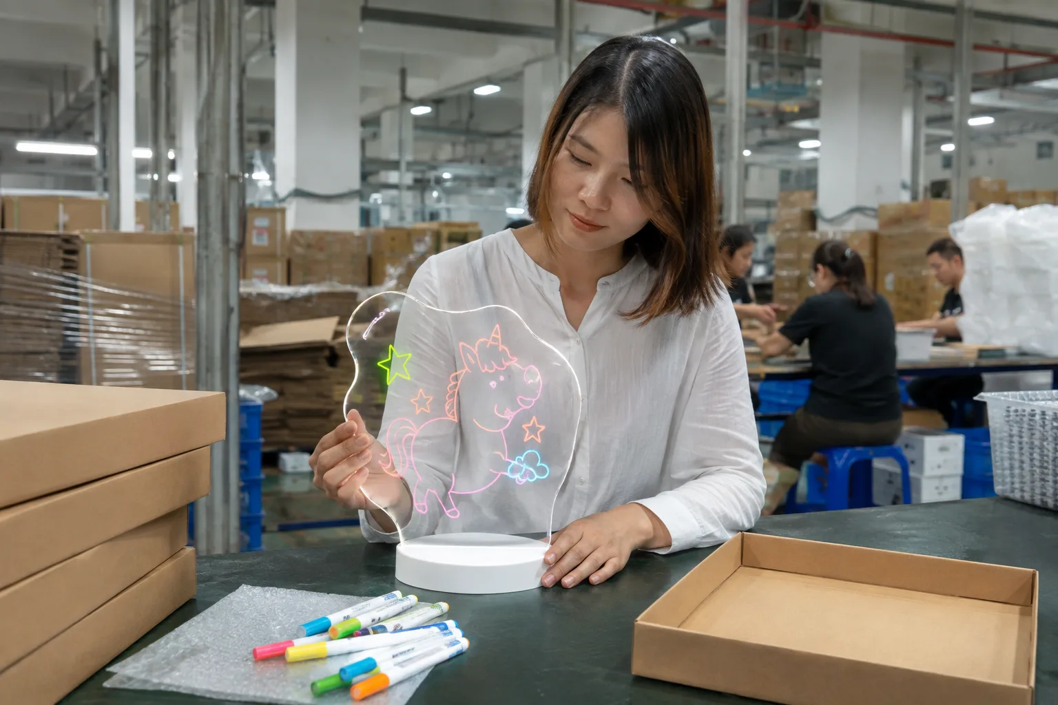 LED drawing board colour and finish approval B2B product planning scene