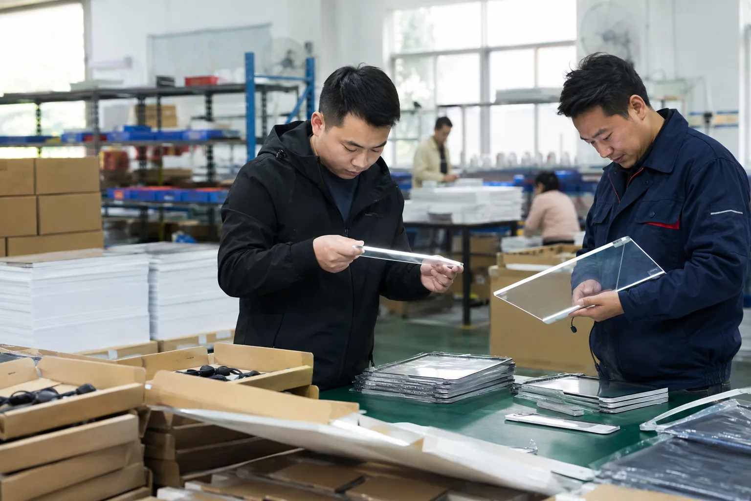 Wholesale buyer and Chinese supplier reviewing shaped LED drawing board samples