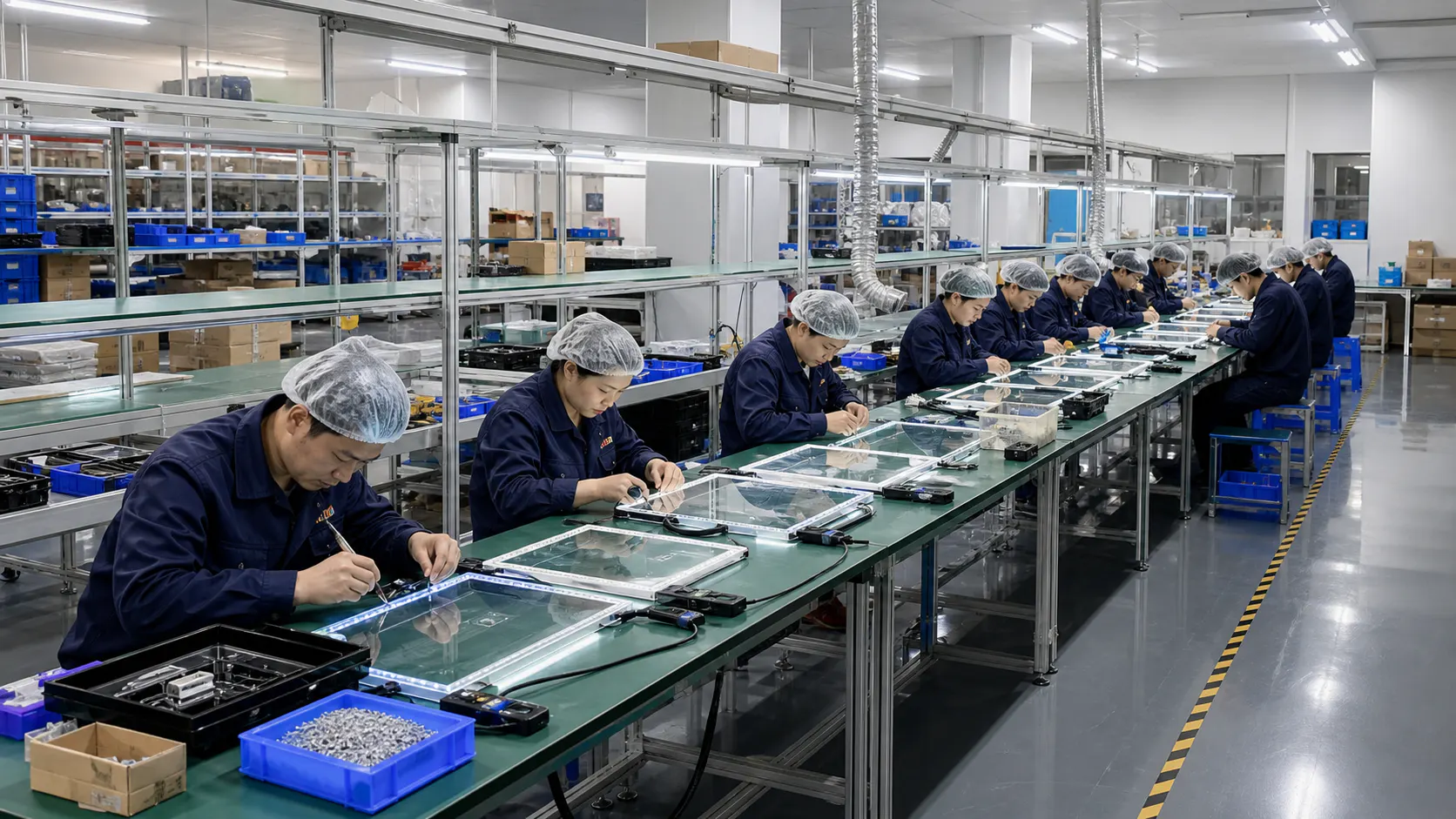 Chinese workers assembling LED fluorescent boards on a factory production line