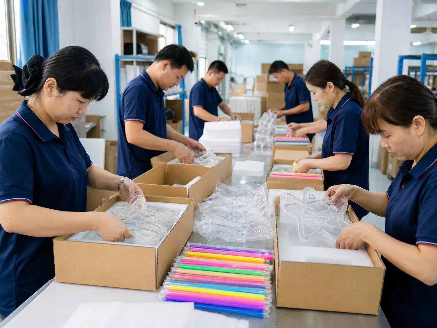 Chinese packing workers preparing LED drawing board cartons for shipment