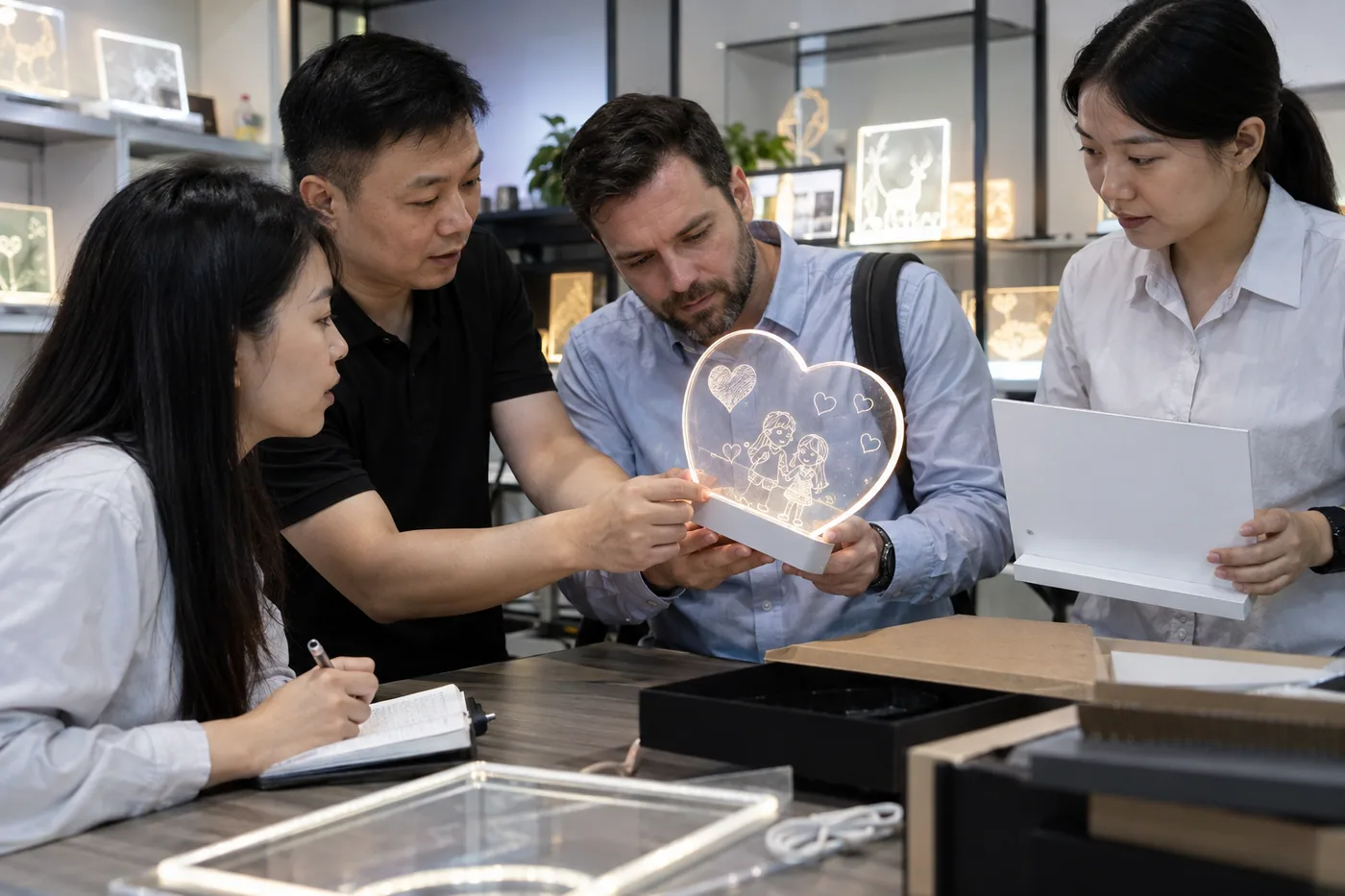 Chinese factory staff and overseas buyer review a heart-shaped LED drawing board sample