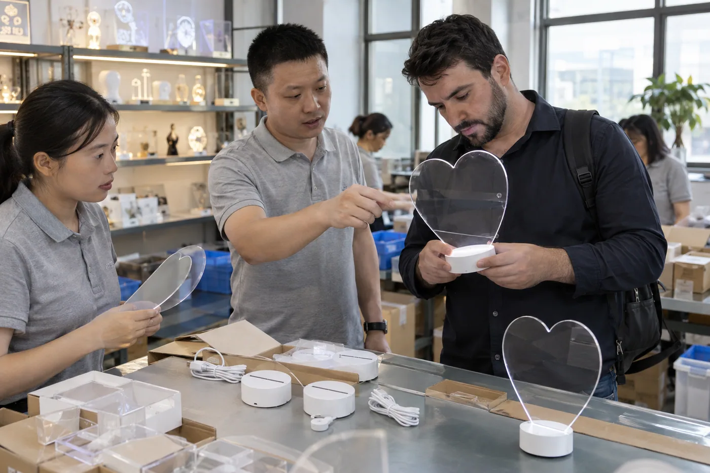 Chinese factory staff and overseas importer inspect a heart-shaped LED drawing board sample