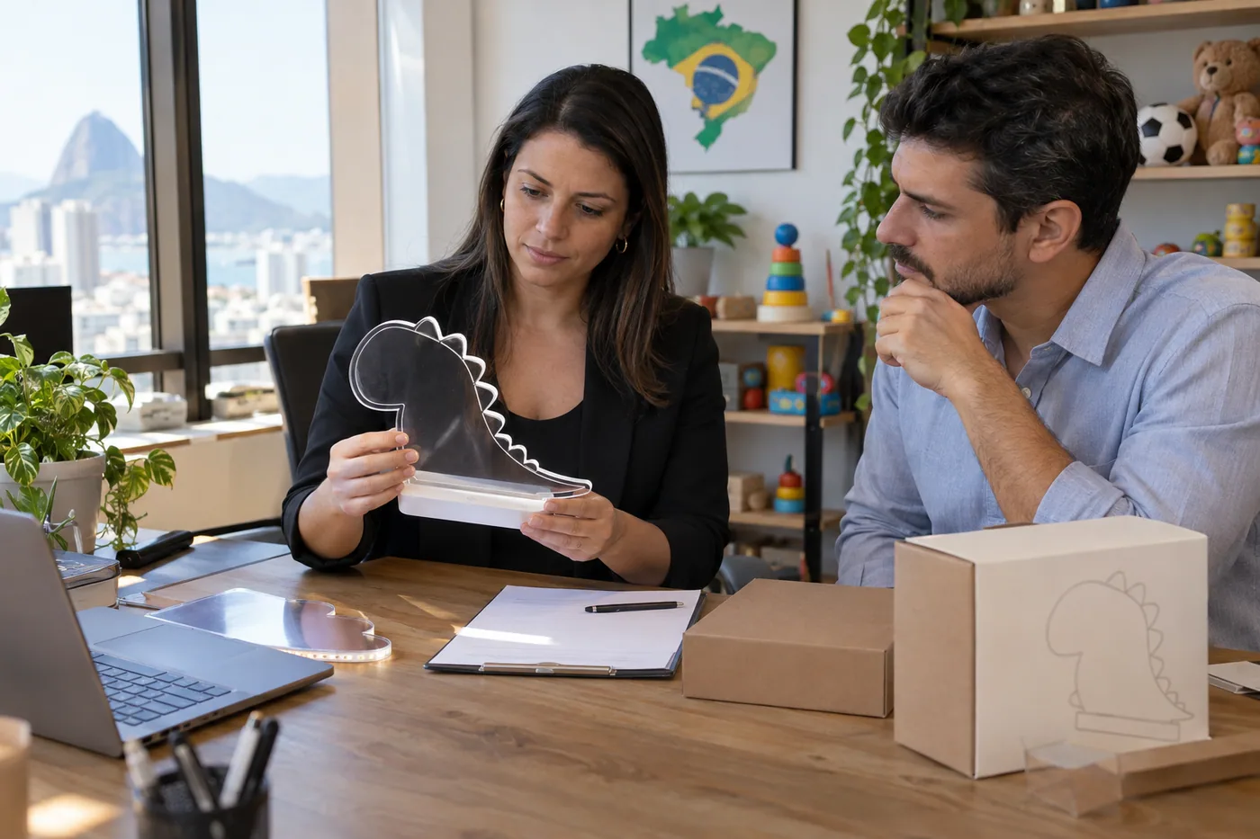 Brazilian buyer reviews a shaped acrylic LED board and product age-use brief