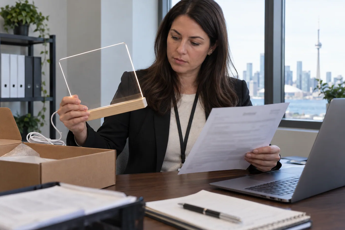 Canadian importer reviews a clear acrylic LED drawing board and complaint intake record