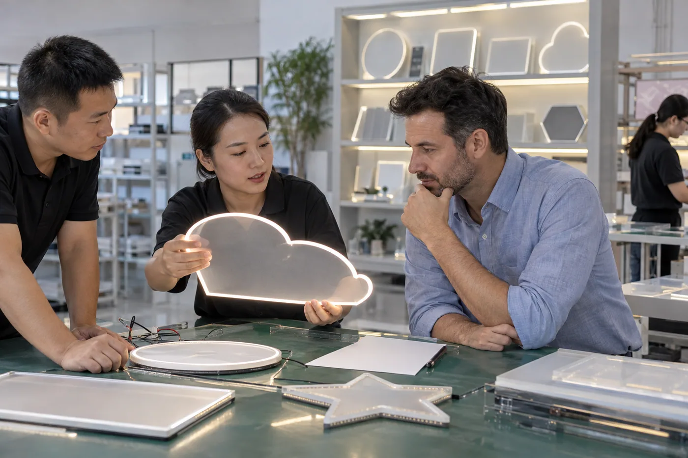Chinese factory staff and overseas buyer inspect an LED drawing board configuration sample