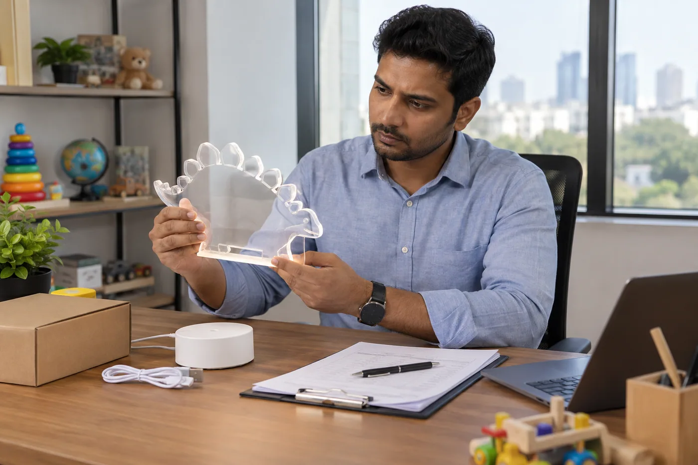 Indian buyer compares an illuminated acrylic board and product scope checklist