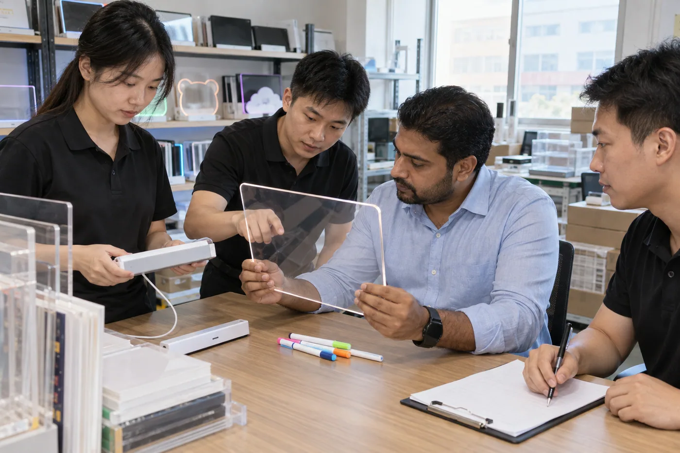 Chinese production staff and Indian buyer inspect an LED acrylic board sample