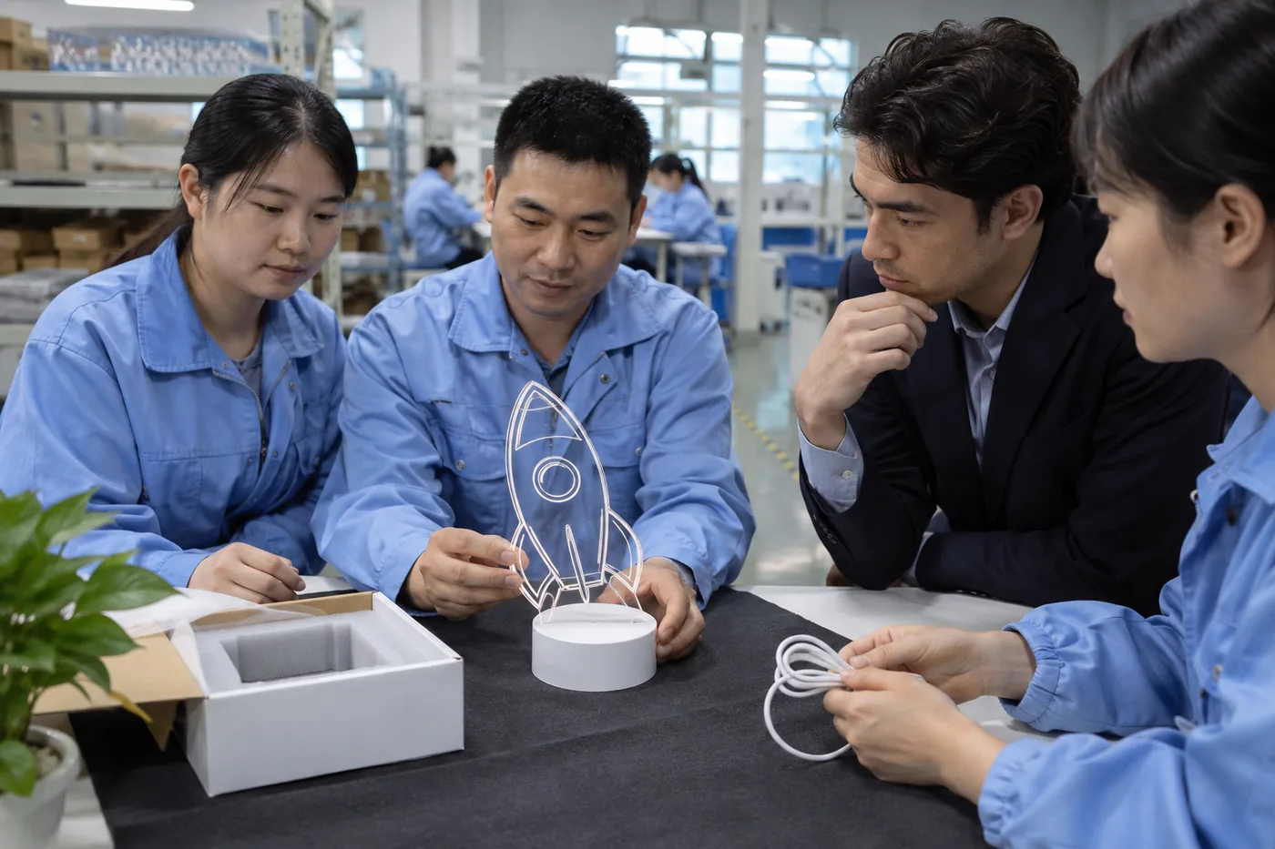 Chinese factory staff and Japan-market buyer inspect a rocket-shaped LED board and cable