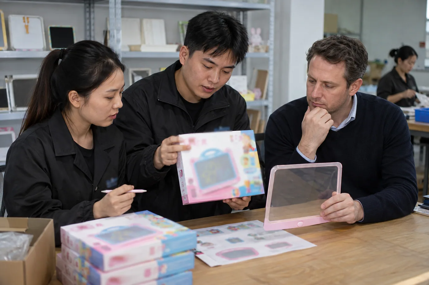 Chinese factory employee and UK buyer review an LED drawing board package proof
