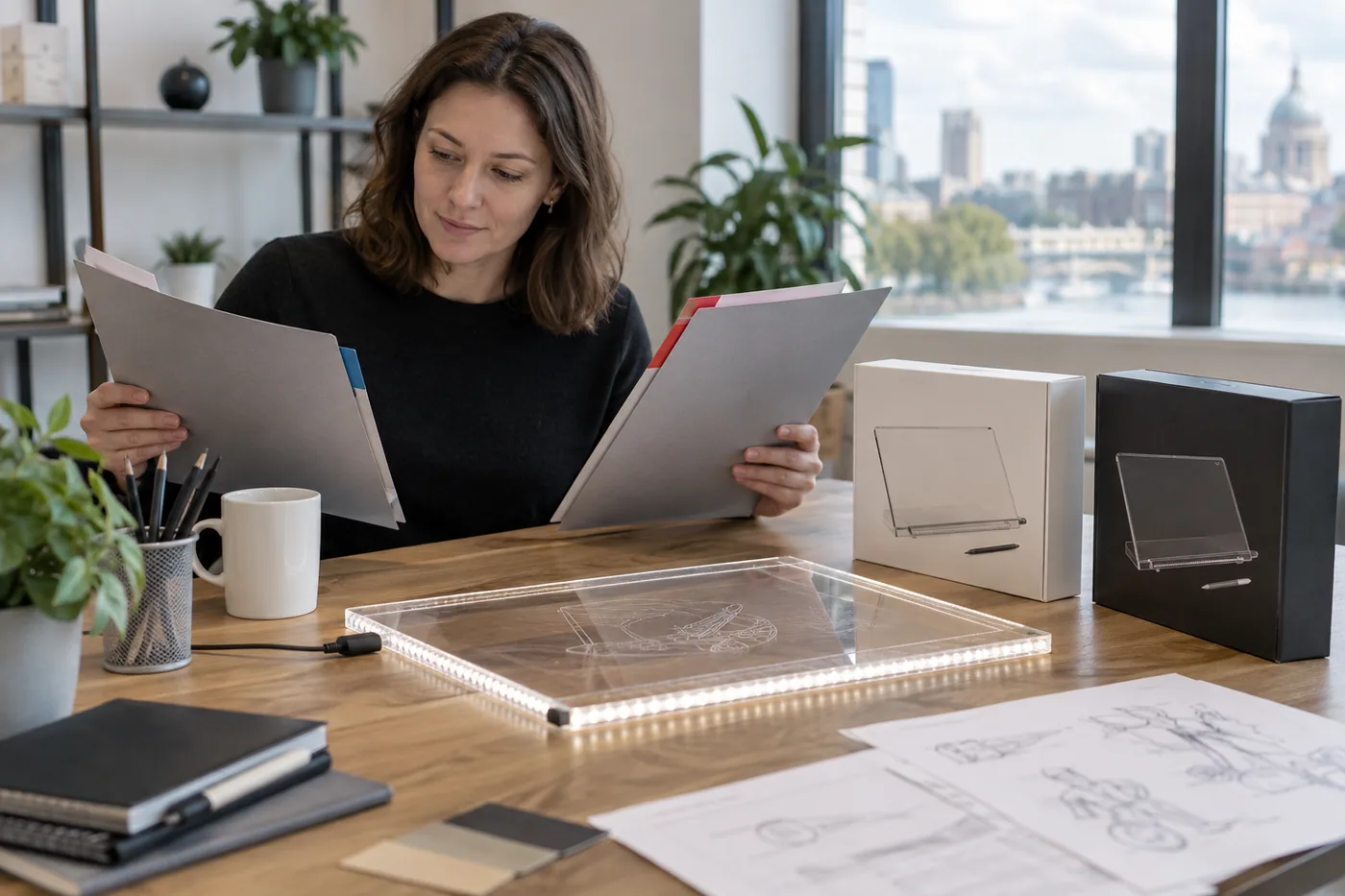 UK buyer compares destination-market folders beside an illuminated acrylic drawing board