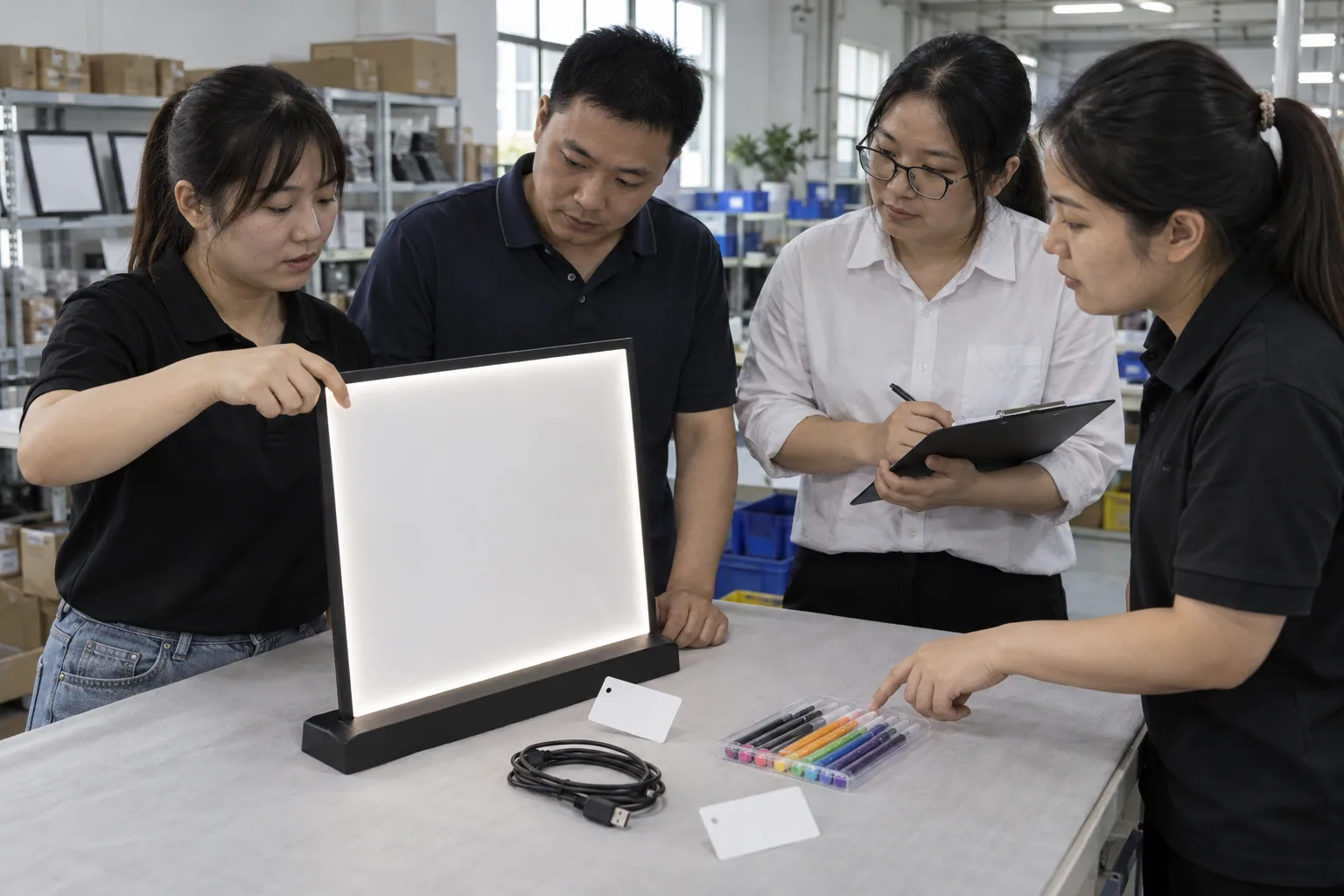 Chinese factory employees identifying an LED board sample and accessories for export review