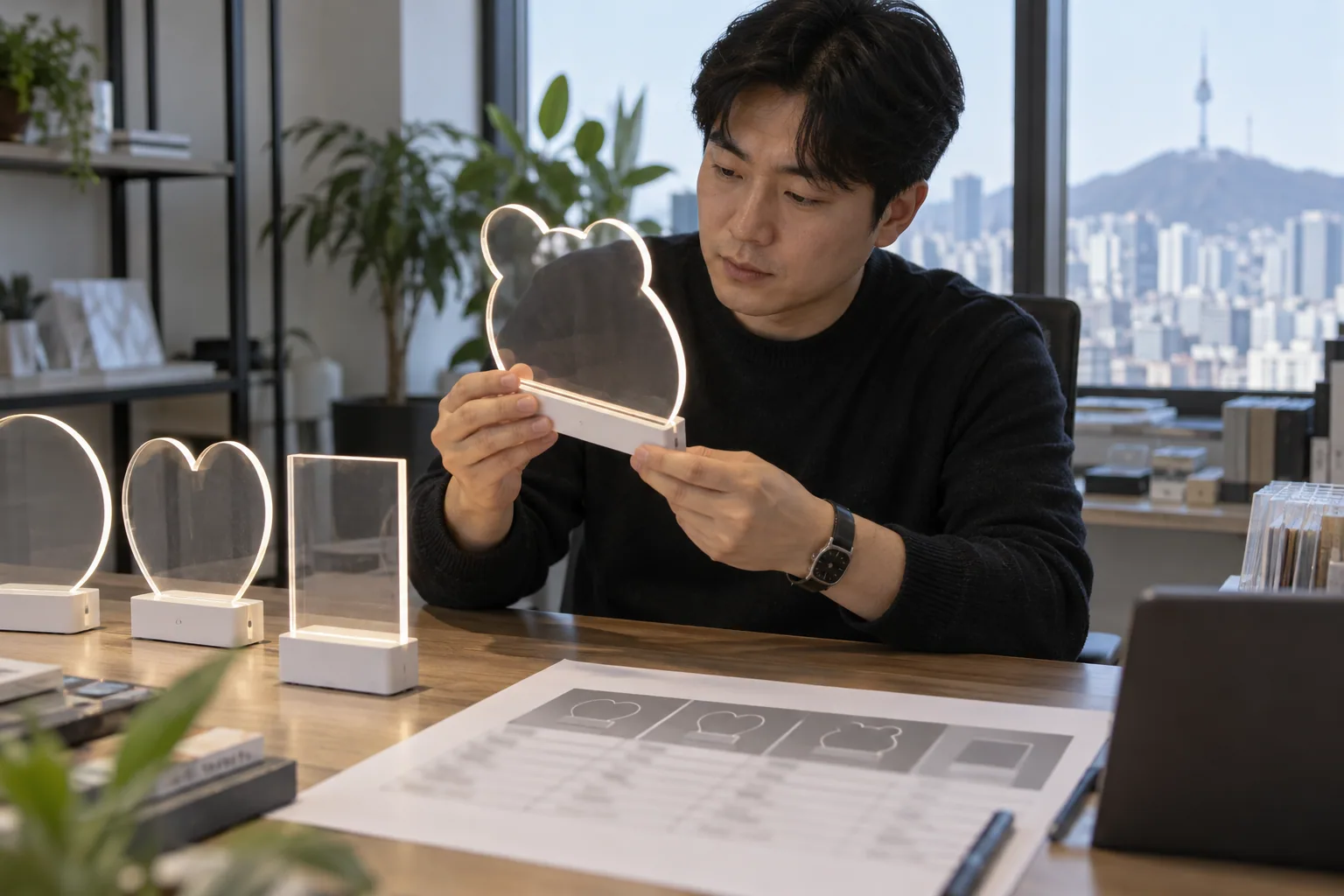 Korean buyer reviewing a shaped LED drawing board model and product information