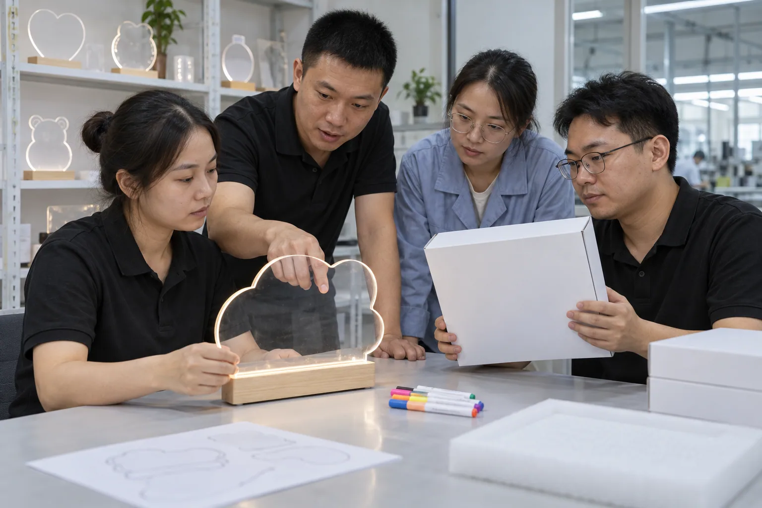 Chinese factory staff reviewing an LED drawing board sample and packaging proof