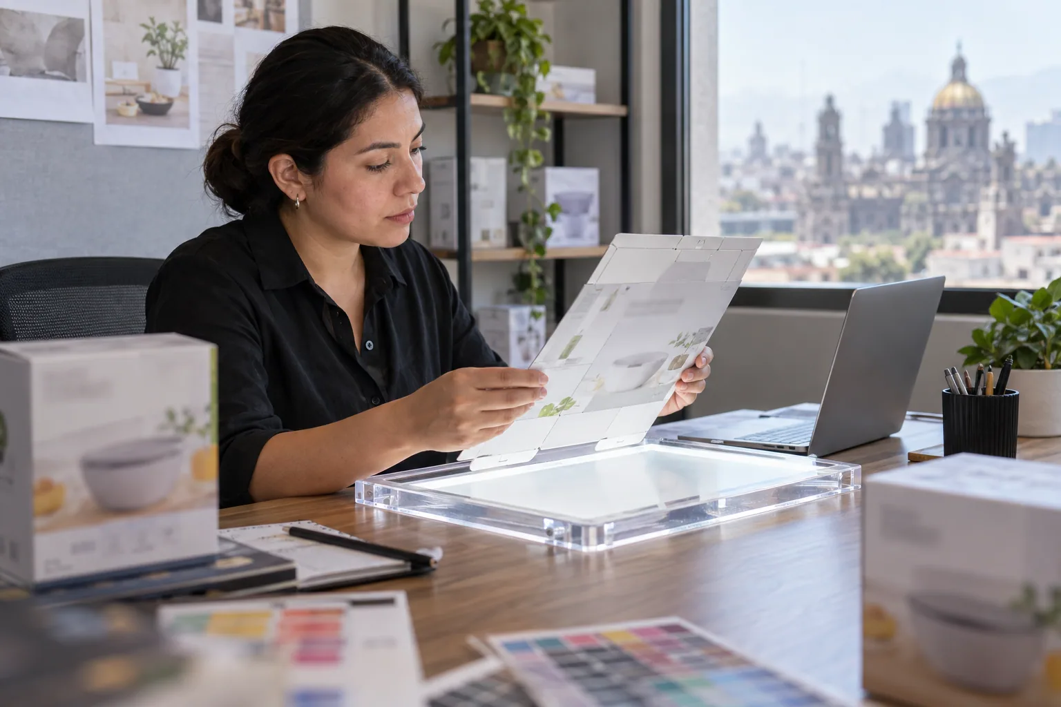 Mexico importer reviewing Spanish-language retail packaging beside a shaped LED drawing board