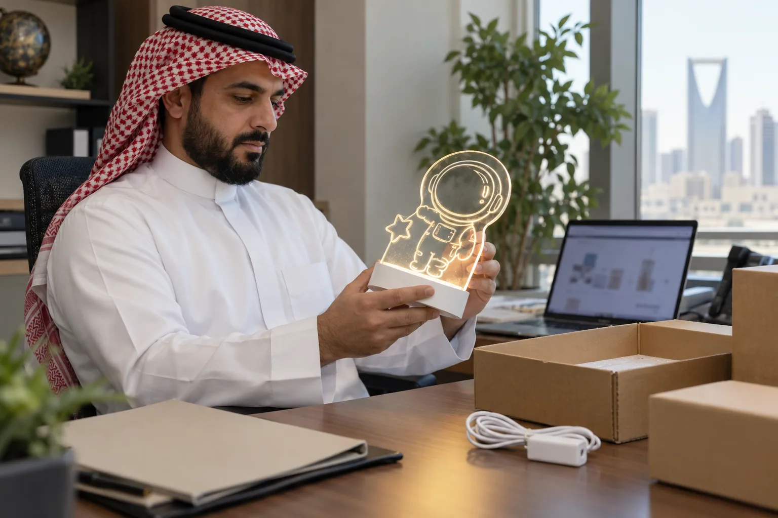 Saudi importer reviewing an LED drawing board product file and SKU details