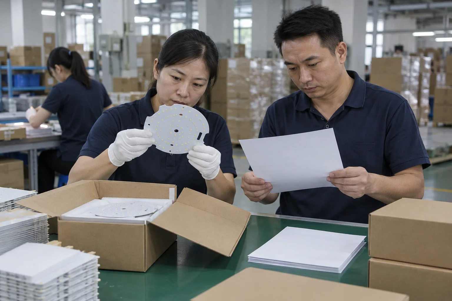 Chinese factory employees inspecting packed LED board samples before shipment preparation