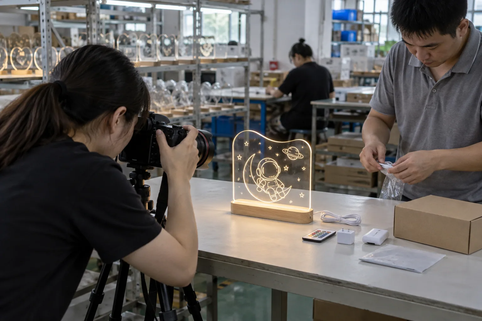 Chinese factory staff recording an LED board sample configuration for export review