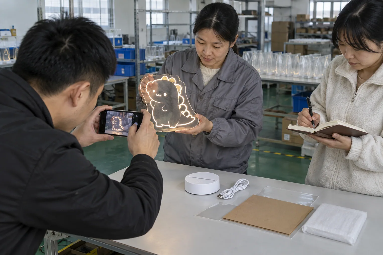 Chinese factory employees documenting an LED board sample and power configuration