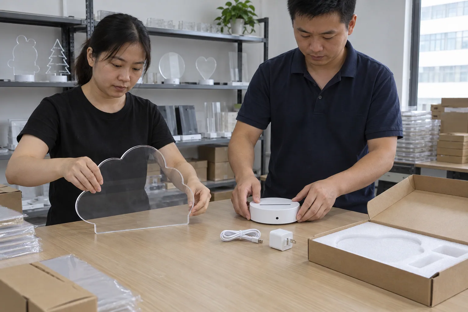 Chinese factory employees identifying a drawing board base and power configuration
