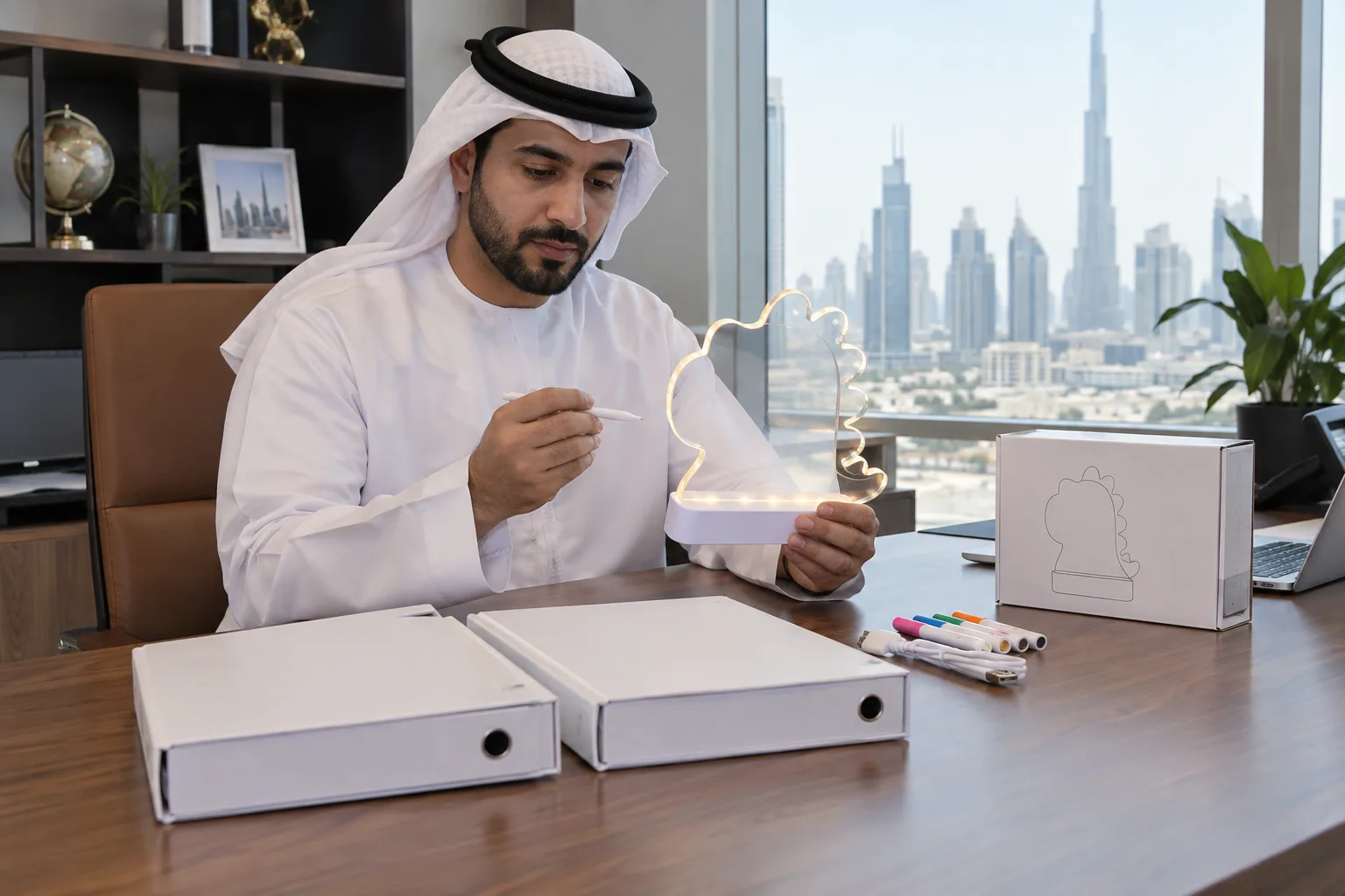 UAE buyer reviewing an LED drawing board and product scope notes
