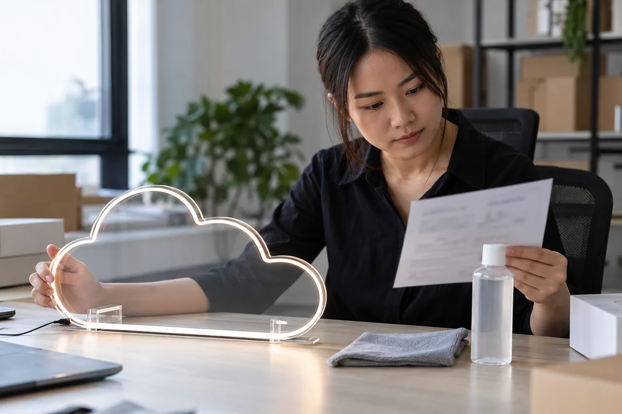 Asian buyer reviewing acrylic board care with a soft cloth and plain cleaner bottle