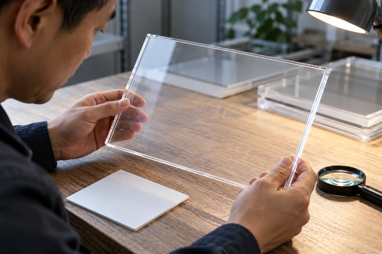 Chinese sample reviewer inspecting the edge and surface of a clear acrylic drawing panel