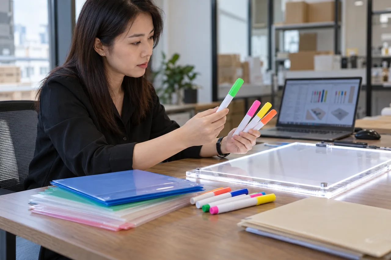 Asian importer reviewing fluorescent marker samples and plain formulation folders beside an LED board