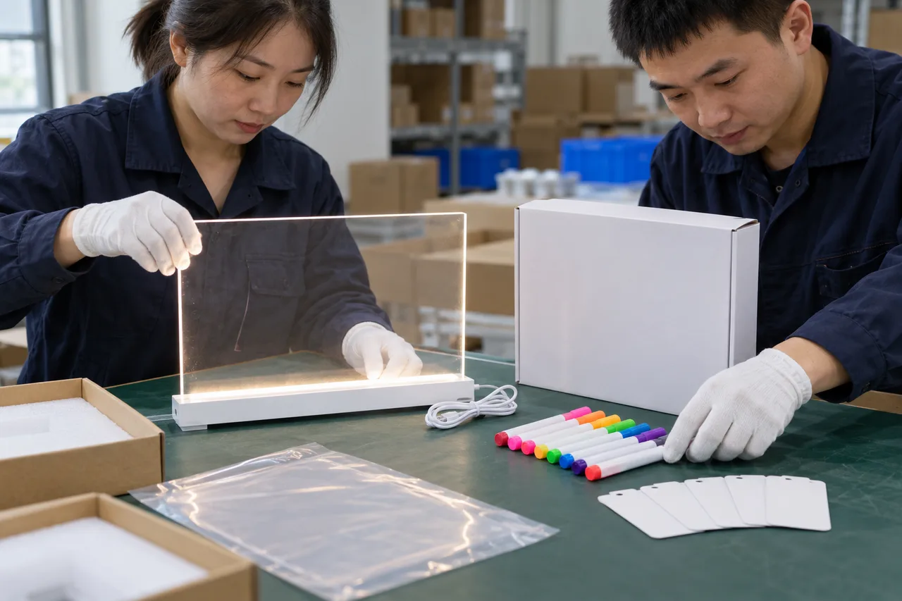 Chinese factory staff arranging capped markers and a drawing board set for component documentation