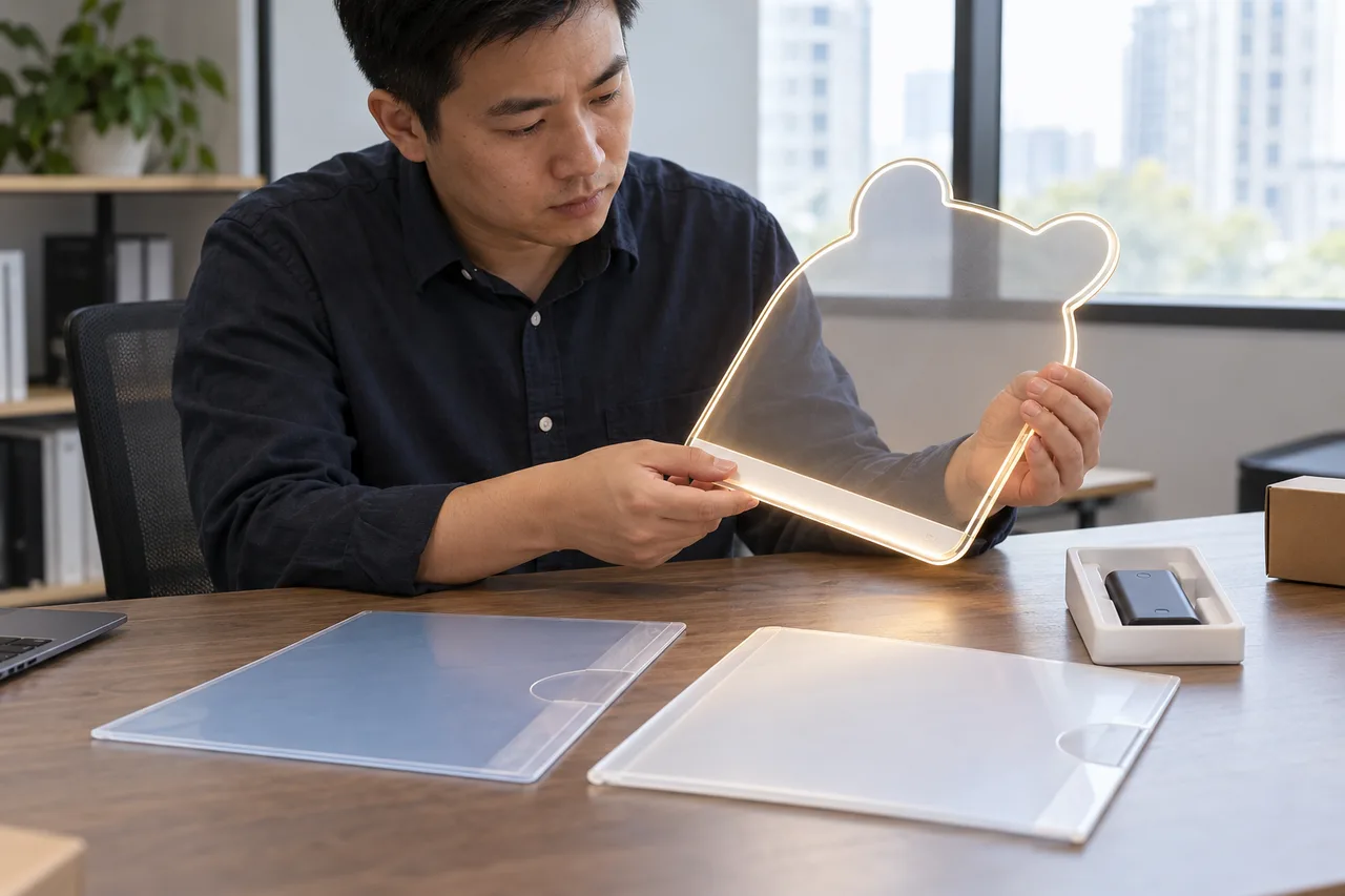 Asian buyer reviewing battery document folders beside an acrylic LED drawing board