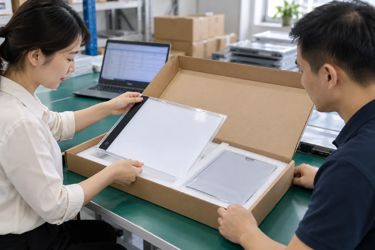 Chinese export staff reviewing an LED drawing board sample and plain shipping records