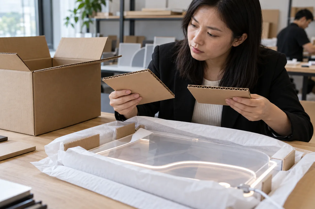 Asian buyer reviewing corrugated board and paper inserts for an acrylic LED drawing board carton