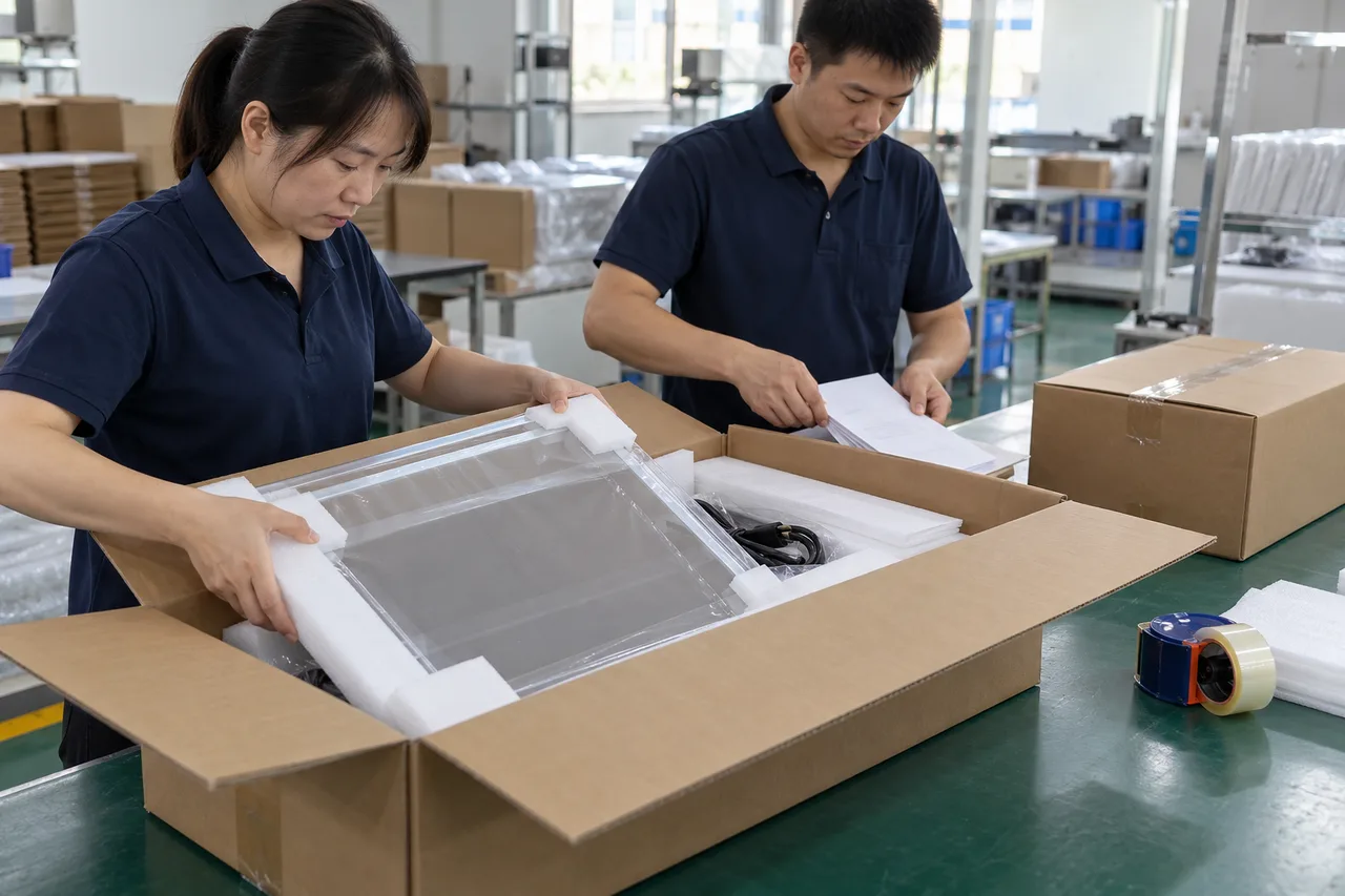 Chinese packing staff preparing a sample carton for an LED drawing board shipment review
