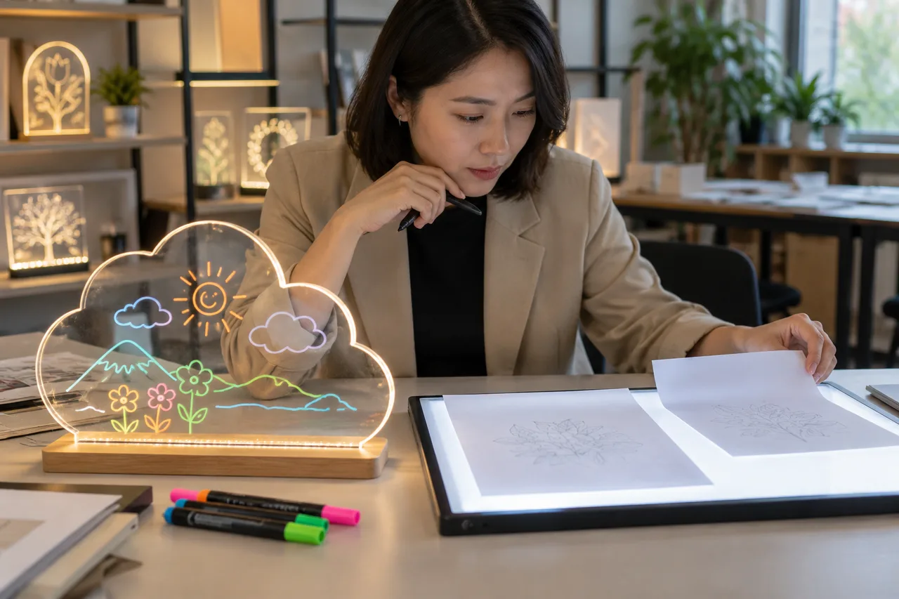 Buyer comparing a transparent LED marker board with a white tracing lightbox and paper