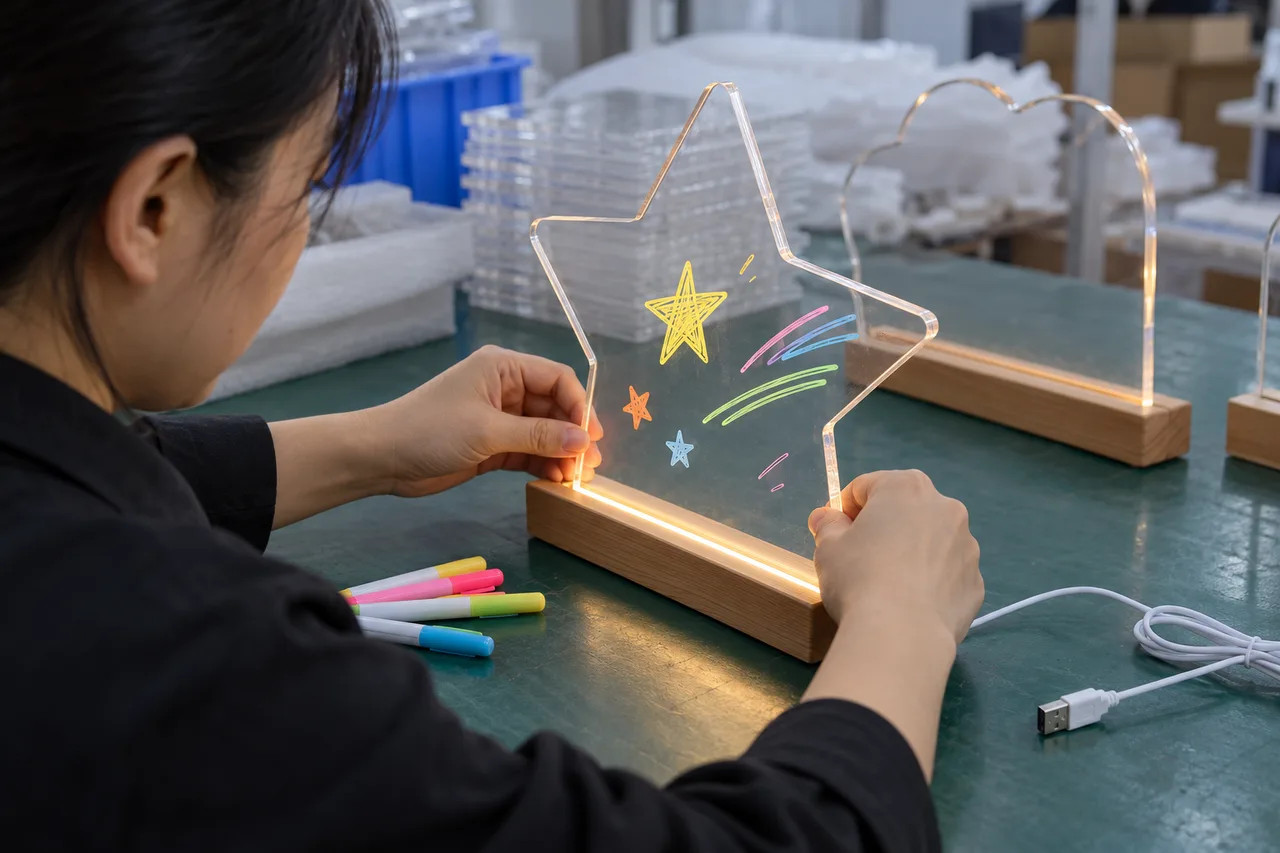 Close view of a clear acrylic drawing panel seated in an LED base