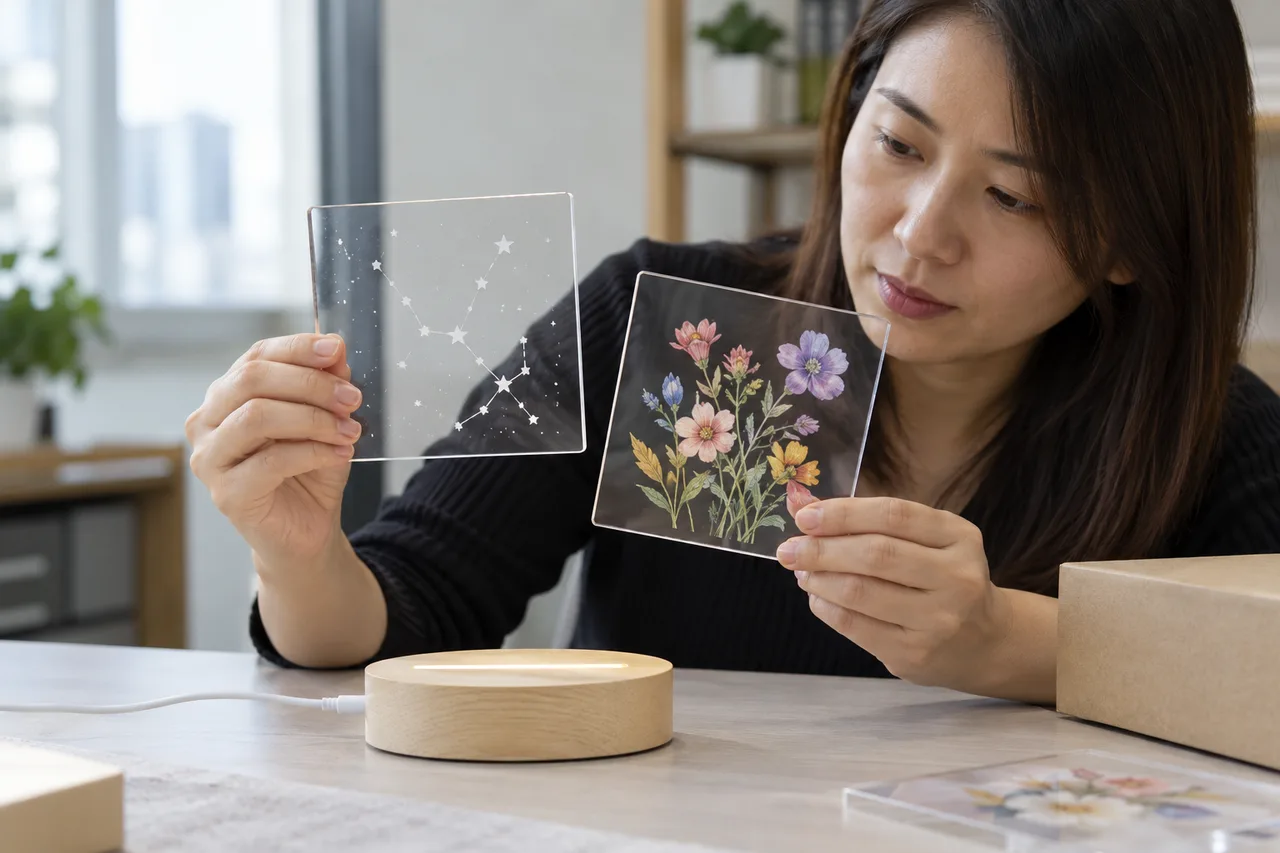 Buyer comparing laser-engraved line art and printed color art on clear acrylic samples
