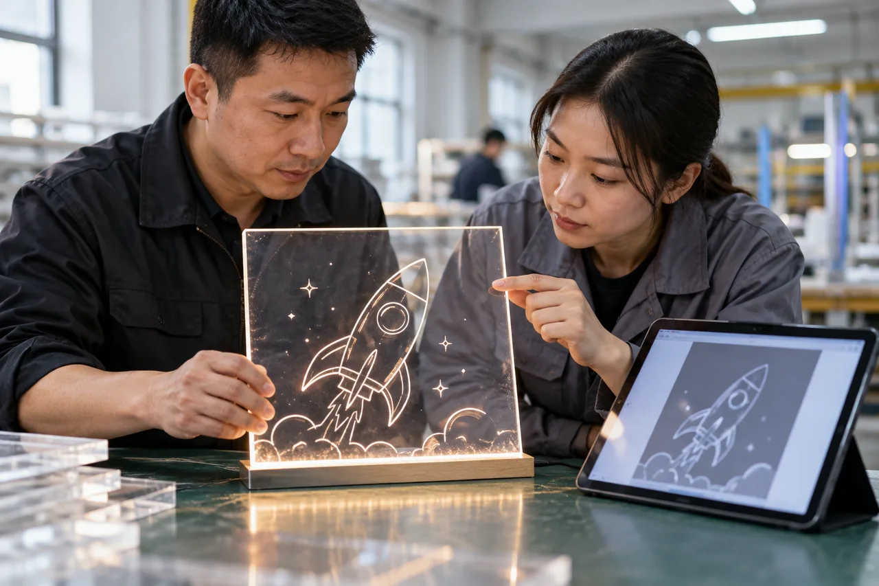 Chinese factory staff reviewing a lit engraved acrylic board and artwork proof