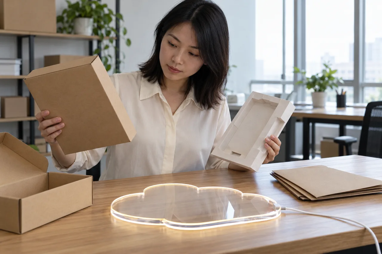 Asian buyer reviewing paper carton and insert components for an LED drawing board