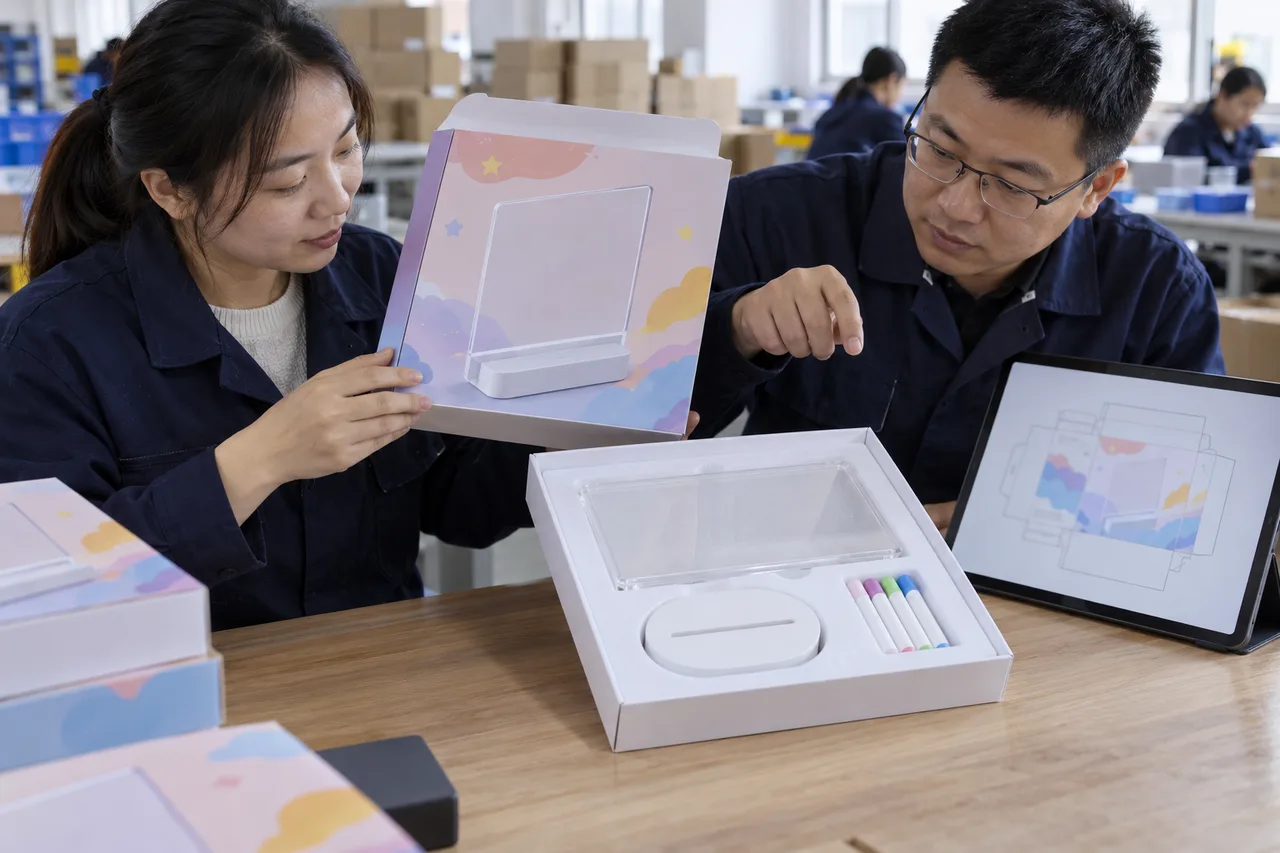 Chinese packaging staff comparing a plain gift box proof with a shaped LED board set