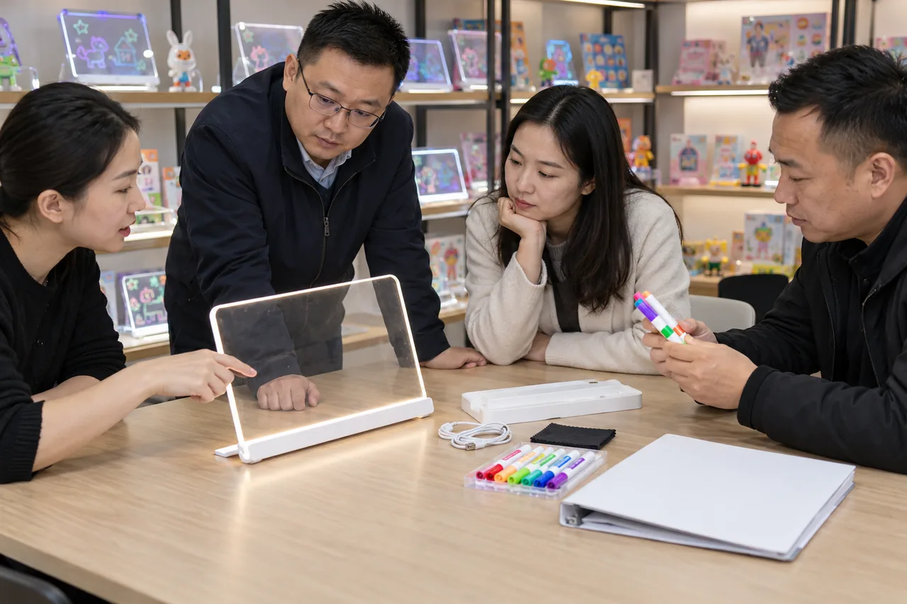Chinese factory staff reviewing an LED drawing board sample and technical report references