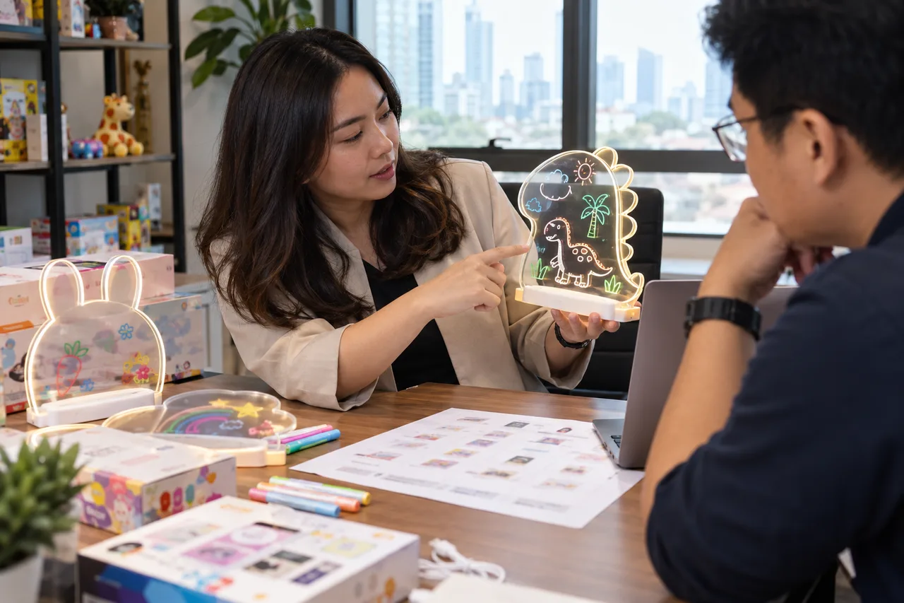 Indonesian importer reviewing a shaped LED drawing board and SNI scope records