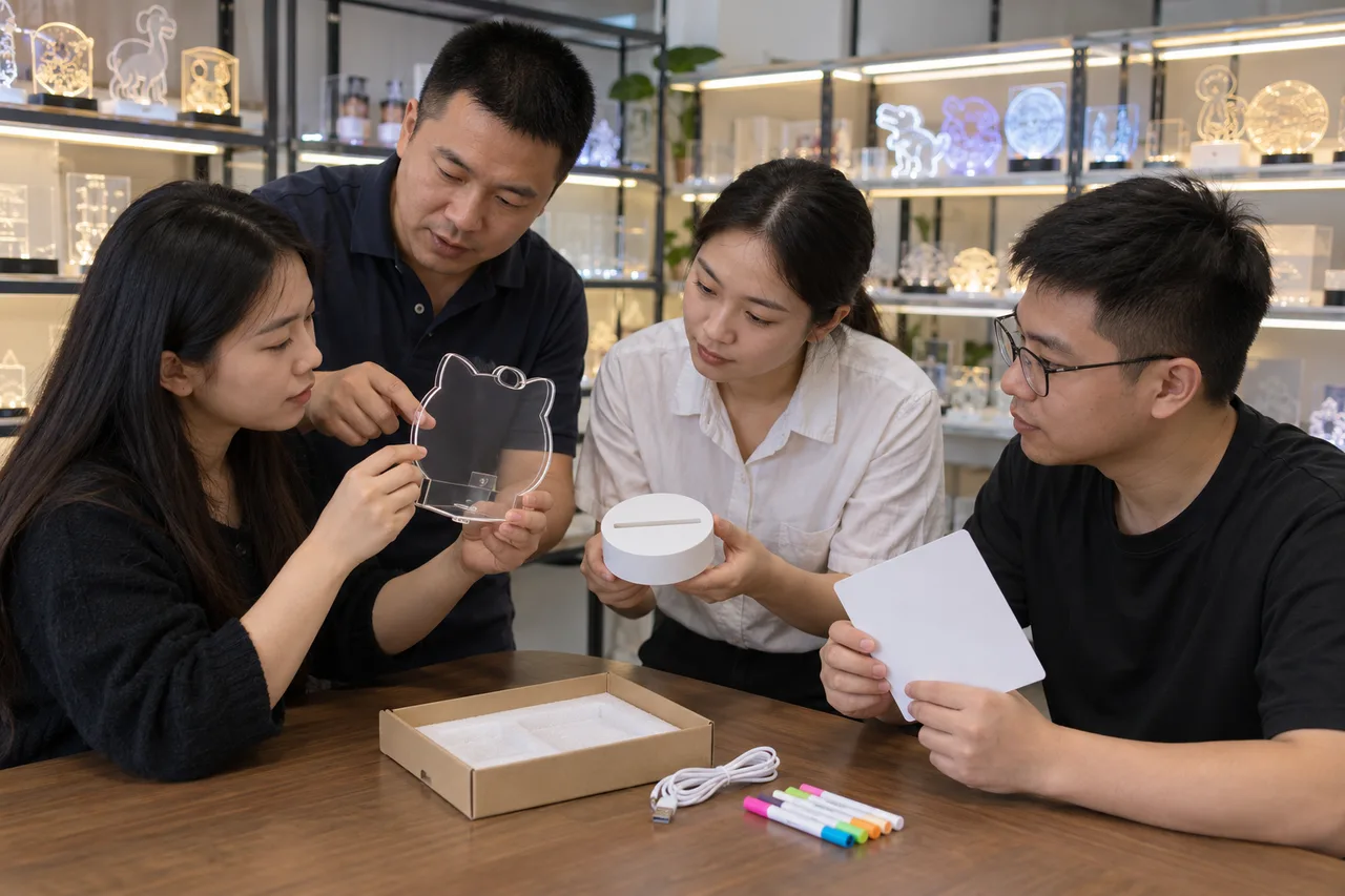 Chinese factory staff documenting a shaped LED drawing board sample for export review