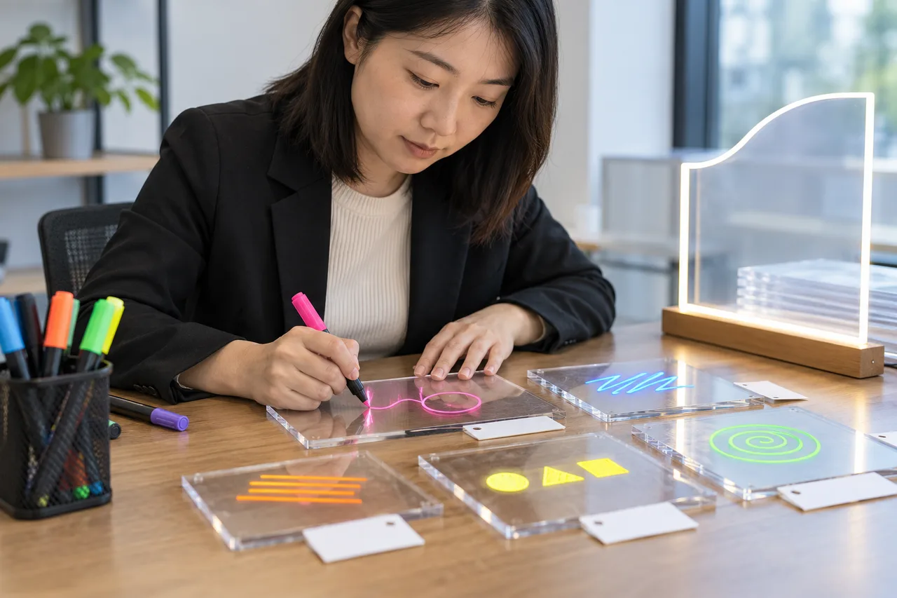Asian buyer applying fluorescent marker test strokes to clear acrylic panels