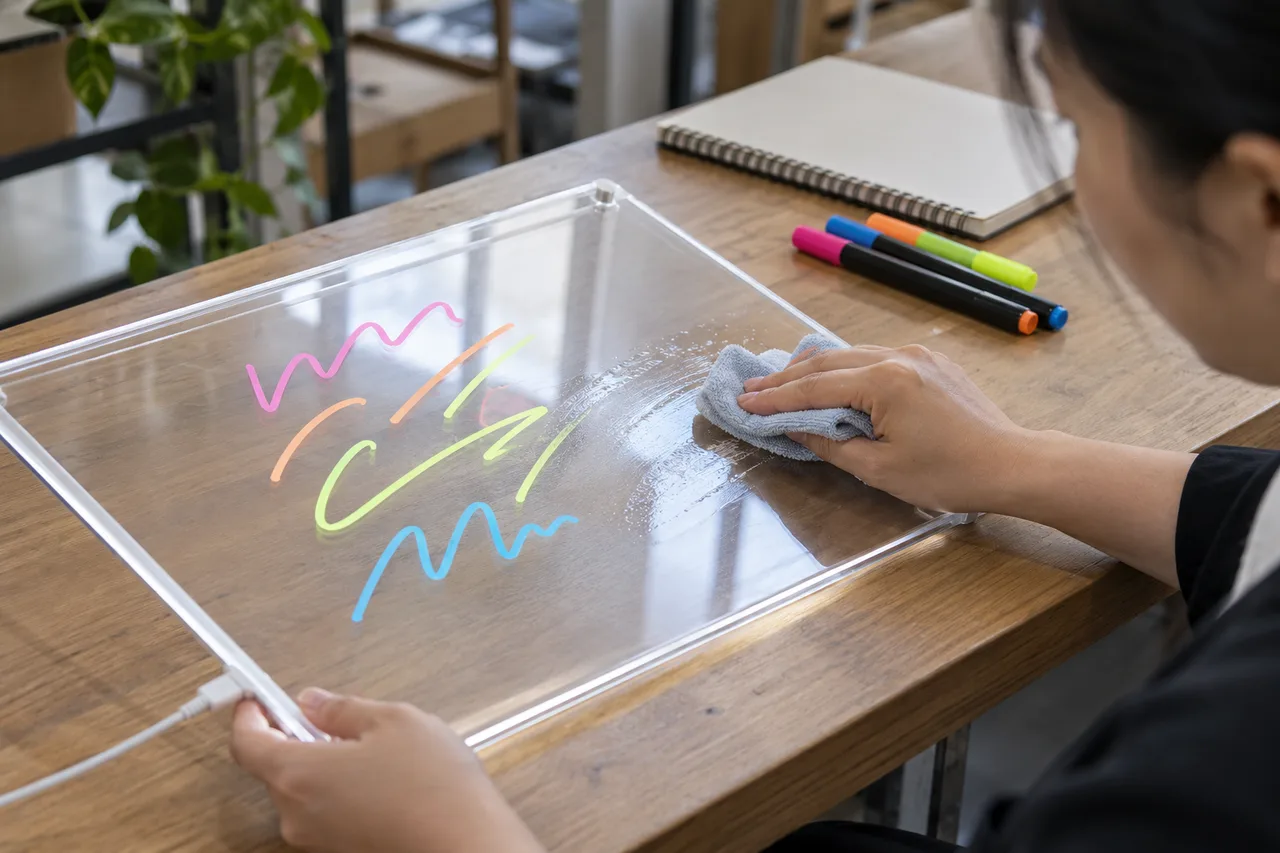 Chinese sample reviewer wiping fluorescent strokes from a clear acrylic panel