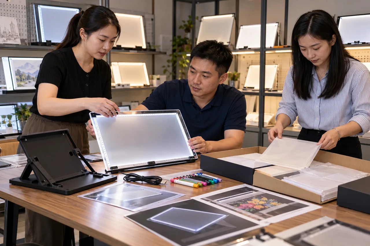 Chinese factory team preparing LED drawing board product information for a Philippine buyer