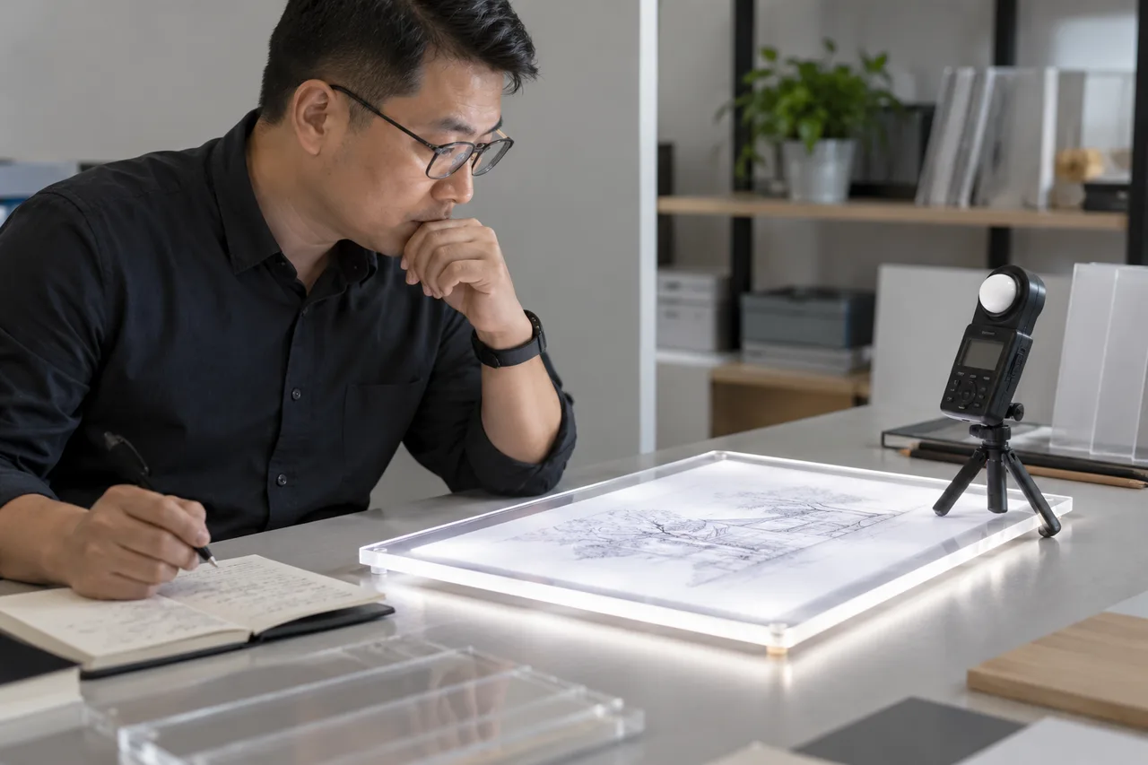 Chinese reviewer comparing an illuminated acrylic drawing board under a desk light